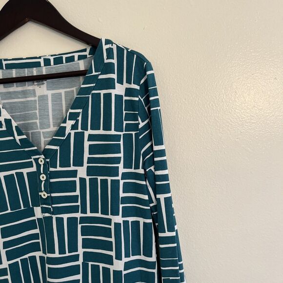 GARNET HILL Organic-Cotton Knit Henley Gown, Teal Geometric- XS - Picture 4 of 9